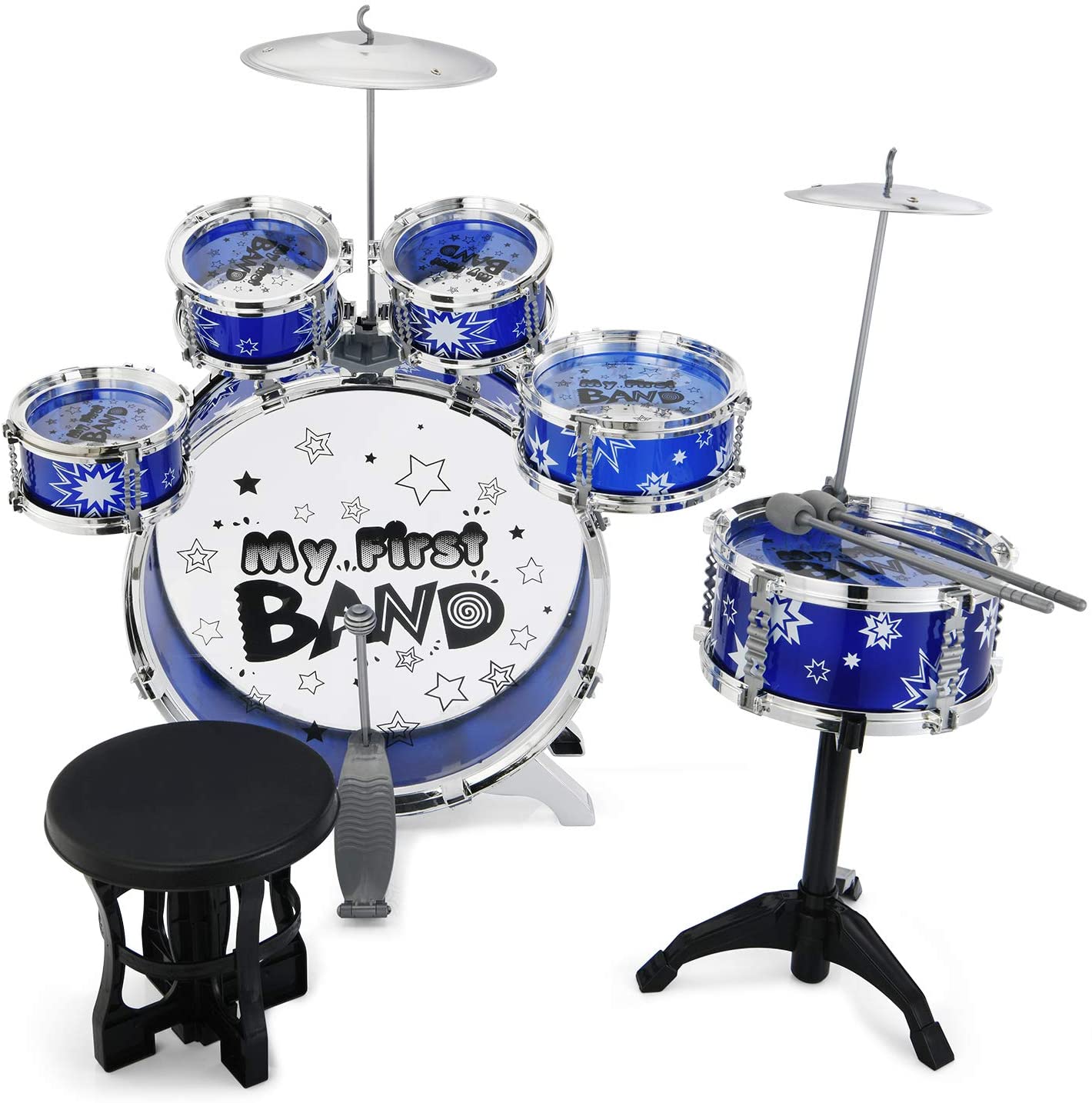 Reditmo Kids Jazz Drum Set, 6 Drums, 2 Cymbals, Chair, Kick Pedal, 2 Drumsticks, Stool, Early Education Musical Instrument to Develop Children's Creativity, Blue - Home Decor Gifts and More