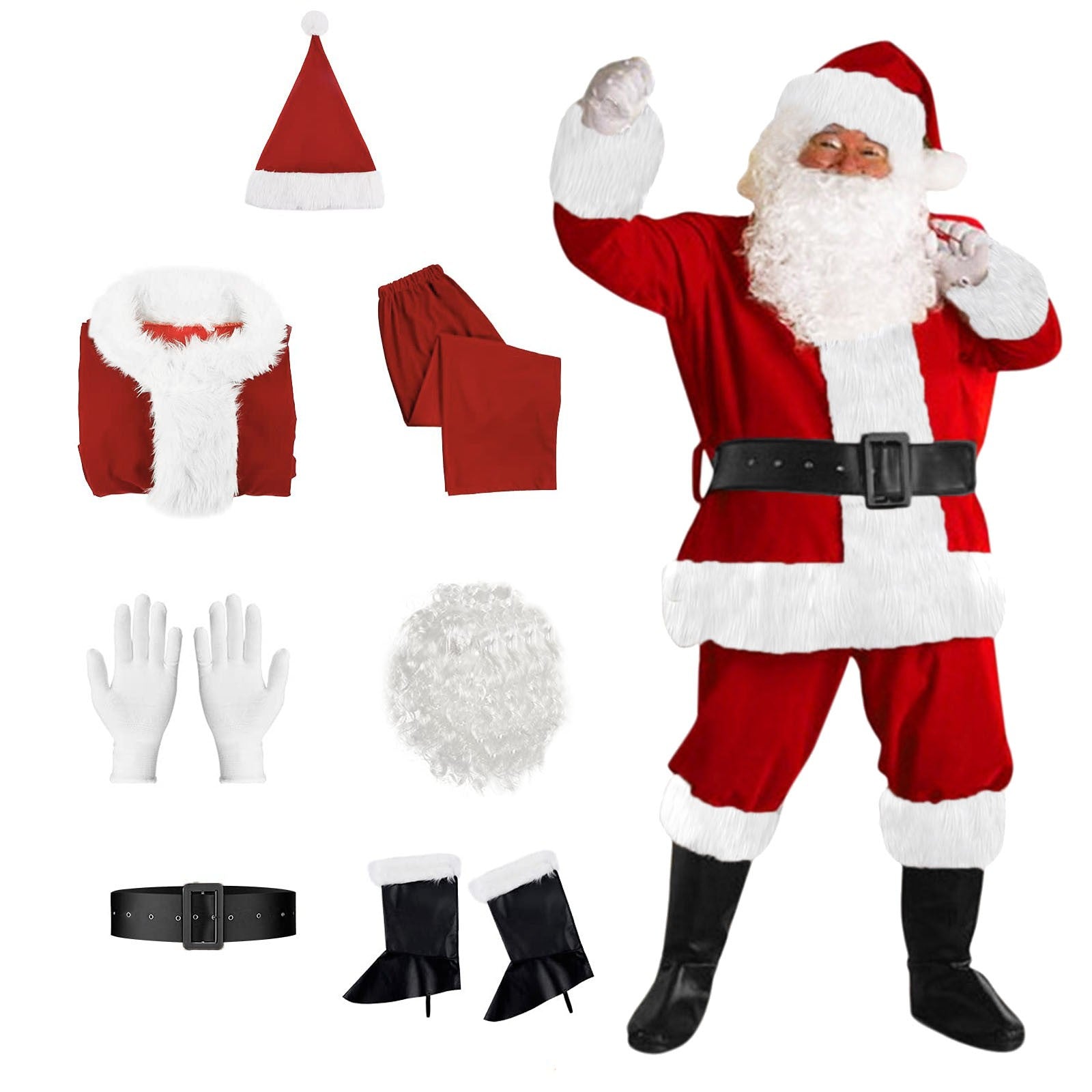 Free Size 7pcs Red Deluxe Santa Claus Stage Costume Set Christmas Holiday Cosplay | Decor Gifts and More