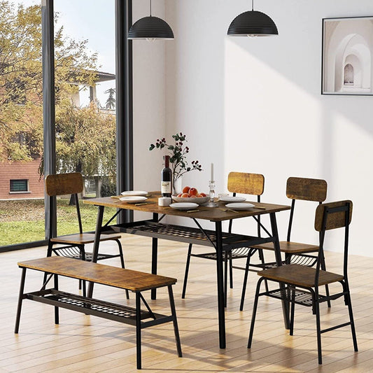 6 PCS New Contemporary Modern Style Set with 4 Chairs, Bench Dining Set for 6, Wood Rectangular Table with Storage Rack-Brown | Decor Gifts and More