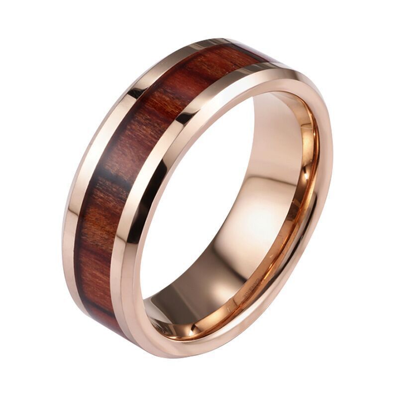 Rose Gold Personality 8mm Wood Leather Tungsten Gold Ring | Decor Gifts and More