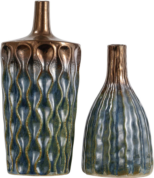 Modern Luxury  Blue Ceramic Vases Set of 2, Reactive Glazed Geometric Decorative Vases for Home Decor, Mantel, Table, Living Room, Shelf Decorations, 12 inch - Home Decor Gifts and More