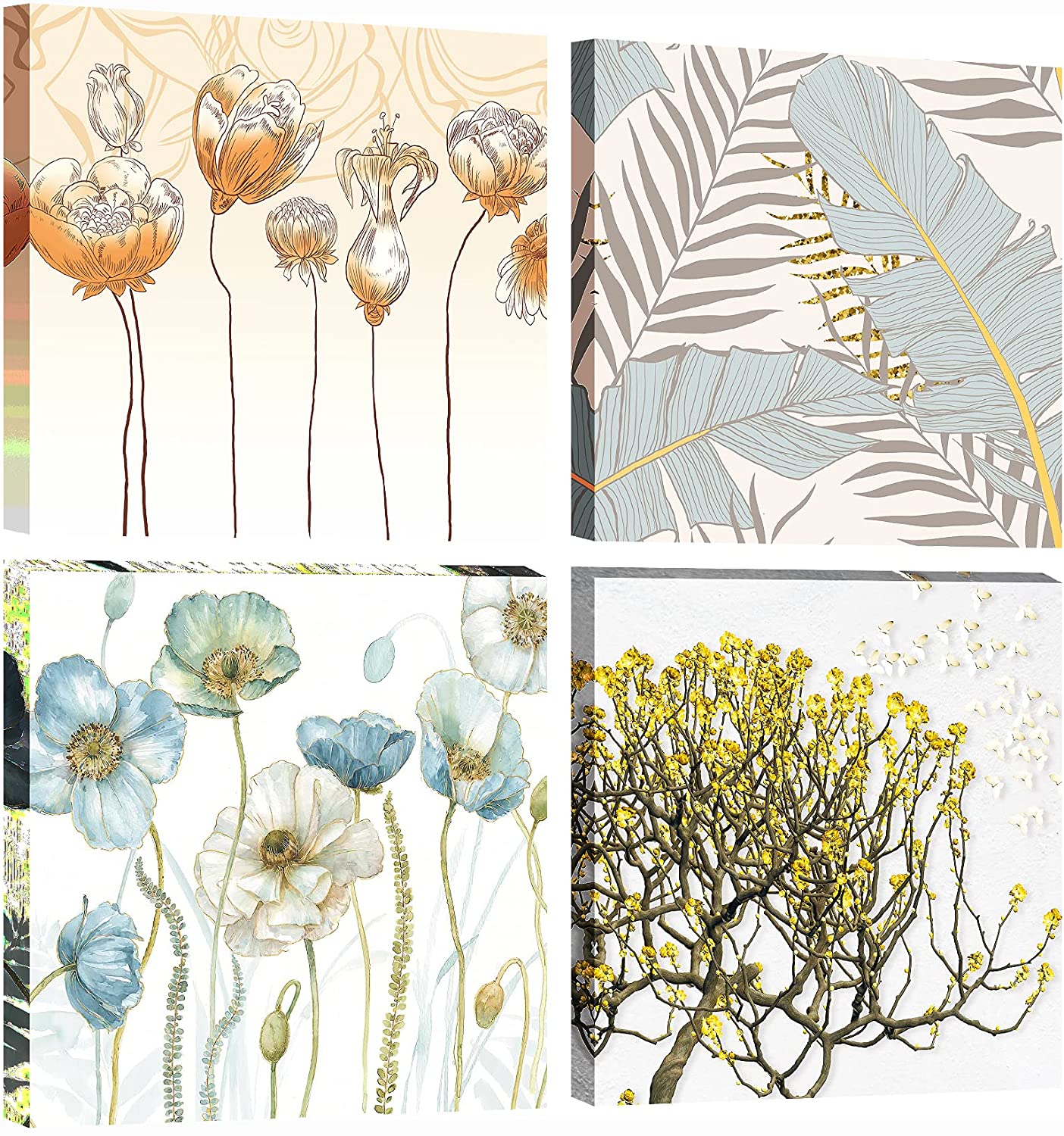 Premium Quality Modern Floral Painting Prints Set of 4 Framed Wall Decor 12"x12"x 4 - Home Decor Gifts and More