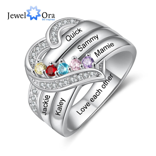 925 Sterling Silver Personalized 1-8 Name Engraved Ring with Birthstone Custom Engagement Heart Rings for Women Mothers Day Gift - Home Decor Gifts and More