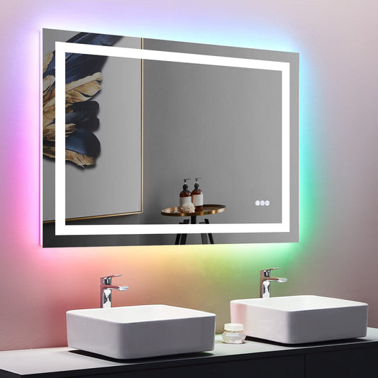 Bathroom Mirrors With LED Light Colorful Wall Vanity Cosmetic Mirror Touchable Wall Mounted Lighted Makeup Anti-fog Mirror - Home Decor Gifts and More