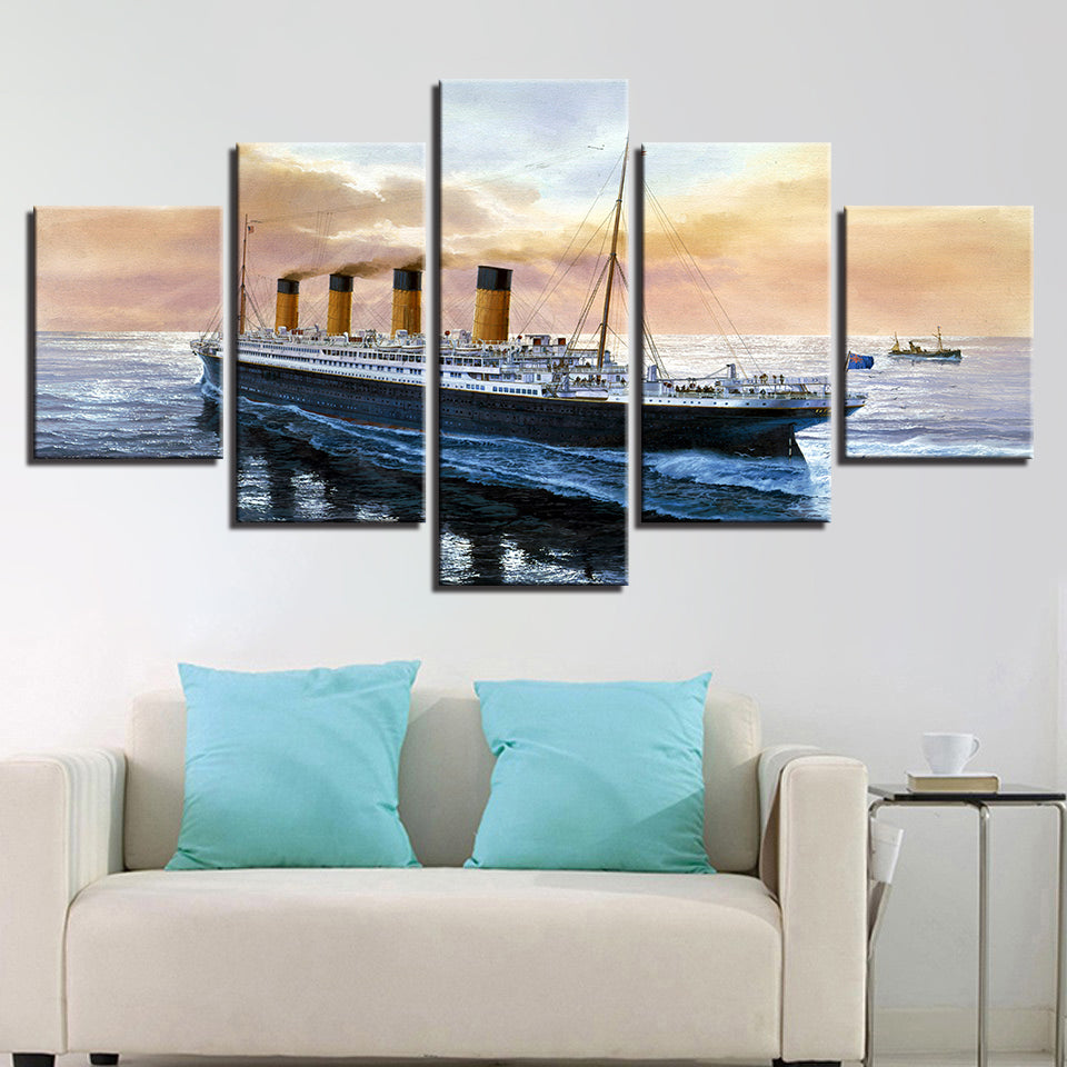 5 Piece Panel Scenic Vintage Ship Seascape Abroad Sea Coastal Landscape Mural | Decor Gifts and More