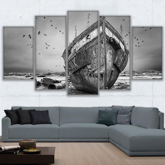 5 Piece Panel Scenic Black and White Vintage Nautical Ship Ashore Coastal Landscape Wall Art | Decor Gifts and More