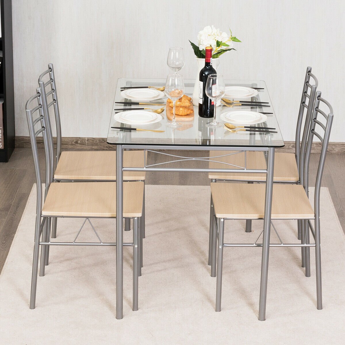 5 Piece Dining Set Table And 4 Chairs Glass Top Kitchen Breakfast Furniture | Decor Gifts and More