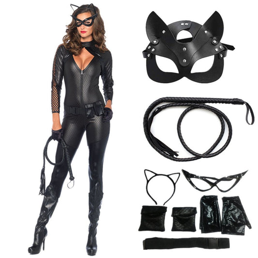 Deluxe  Black Patent PU Leather Catsuit Costume  + Whip And Cat Mask+ Headband Glove | Decor Gifts and More