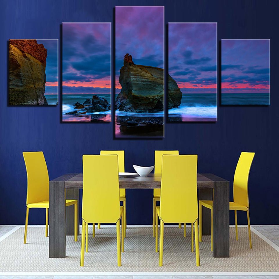 Modern Abstract Dark Reef Stone Evening Framed Coastal Seascape Paintings - Home Decor Gifts and More