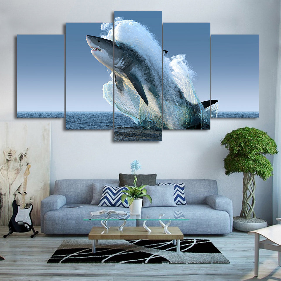 5 Piece Sea Surface Ocean Jumping White Shark Framed Canvas Wall Art | Decor Gifts and More