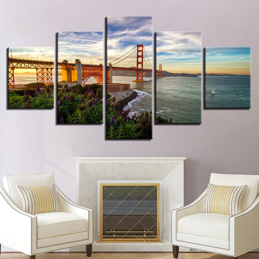 Modern 5 Piece Panel Scenic Landscape Mural  California Golden Gate Bridge Landscape Painting - Home Decor Gifts and More
