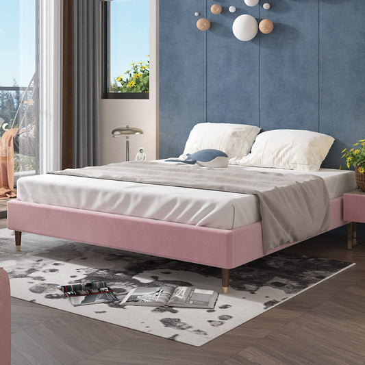 New Full/Queen Size Bed Frame Light Pink Adjustable Headboard Height Flannelette Bed Bedroom Furniture | Decor Gifts and More