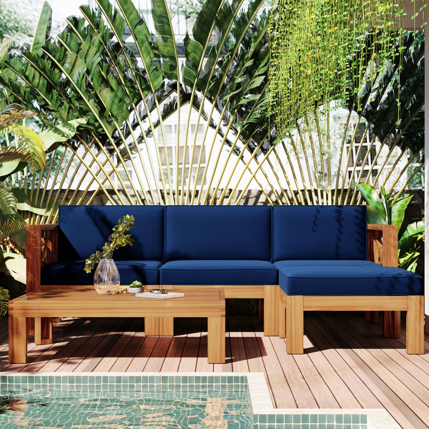 Outdoor Patio Wood 5-Pcs Sectional Sofa Seating Group Set w/ Cushions 2 Corner+1 Armless Sofa+1 Ottoman+1 Tea Table[US-Depot] - Home Decor Gifts and More