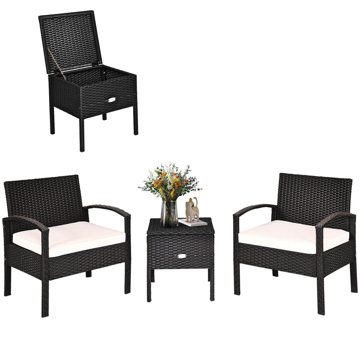 Patiojoy 3PCS Patio Rattan Furniture Set Storage Table Cushioned Sofa Black  HW63757WH - Home Decor Gifts and More