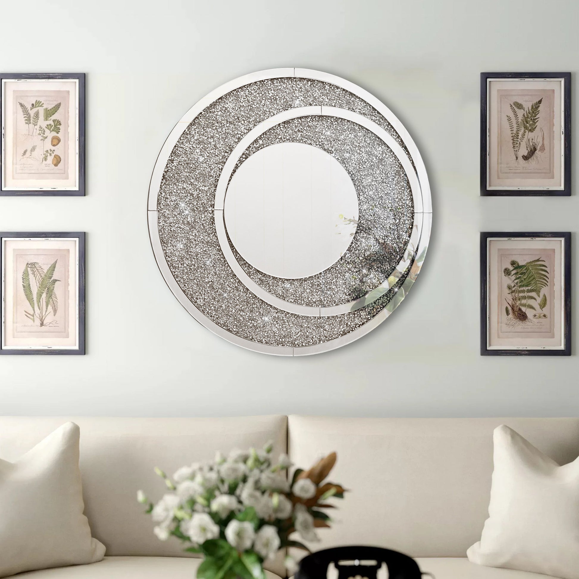 Round Wall Mirror Decor with Crush Diamond 36Inches Large Hanging Mirror Decorative Mirror for Bathroom Living Room Fireplace - Home Decor Gifts and More