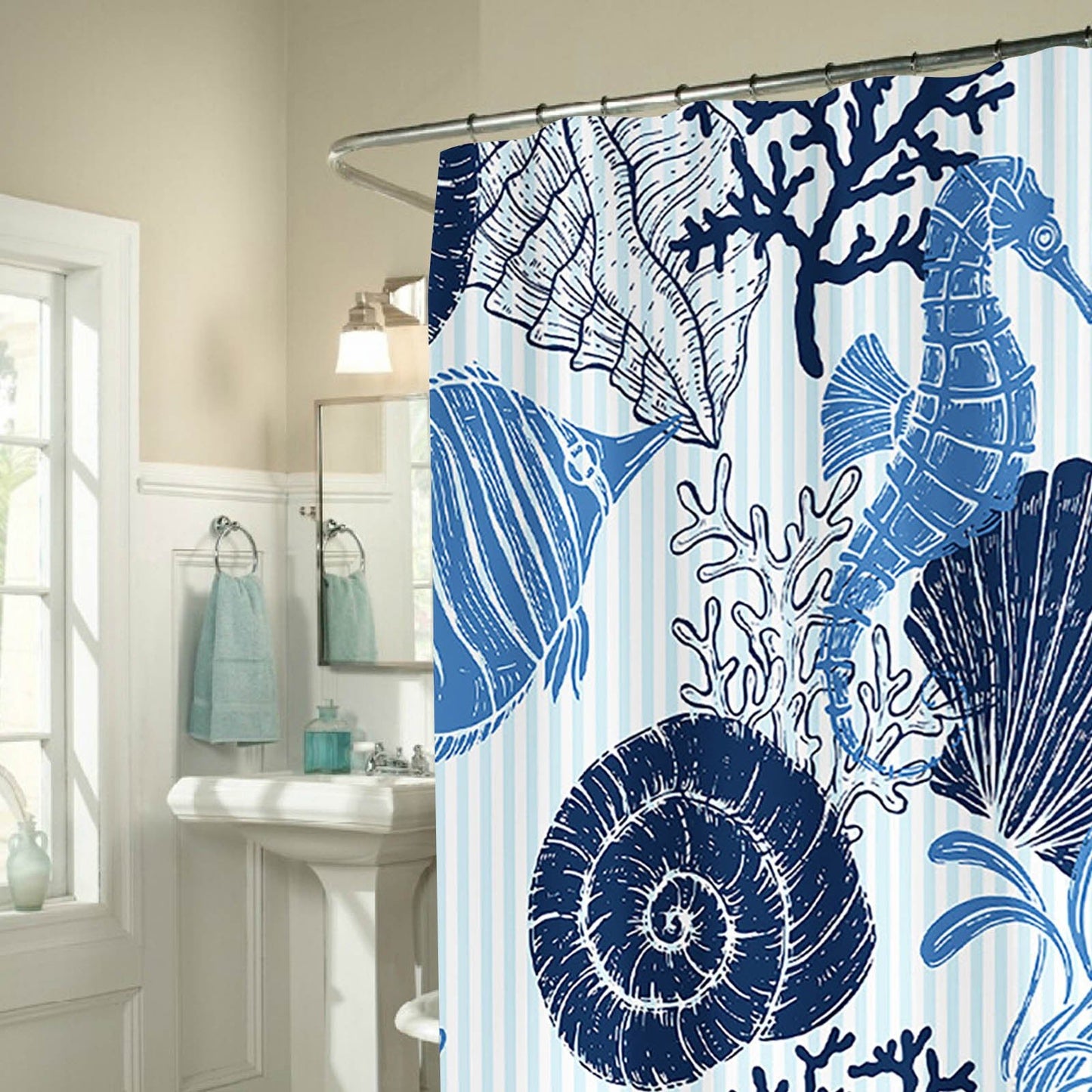 New Modern Blue Coastal  Shell Sea Animal Heavy Duty Fabric Shower Curtain Set With Hooks 70x70 - Home Decor Gifts and More