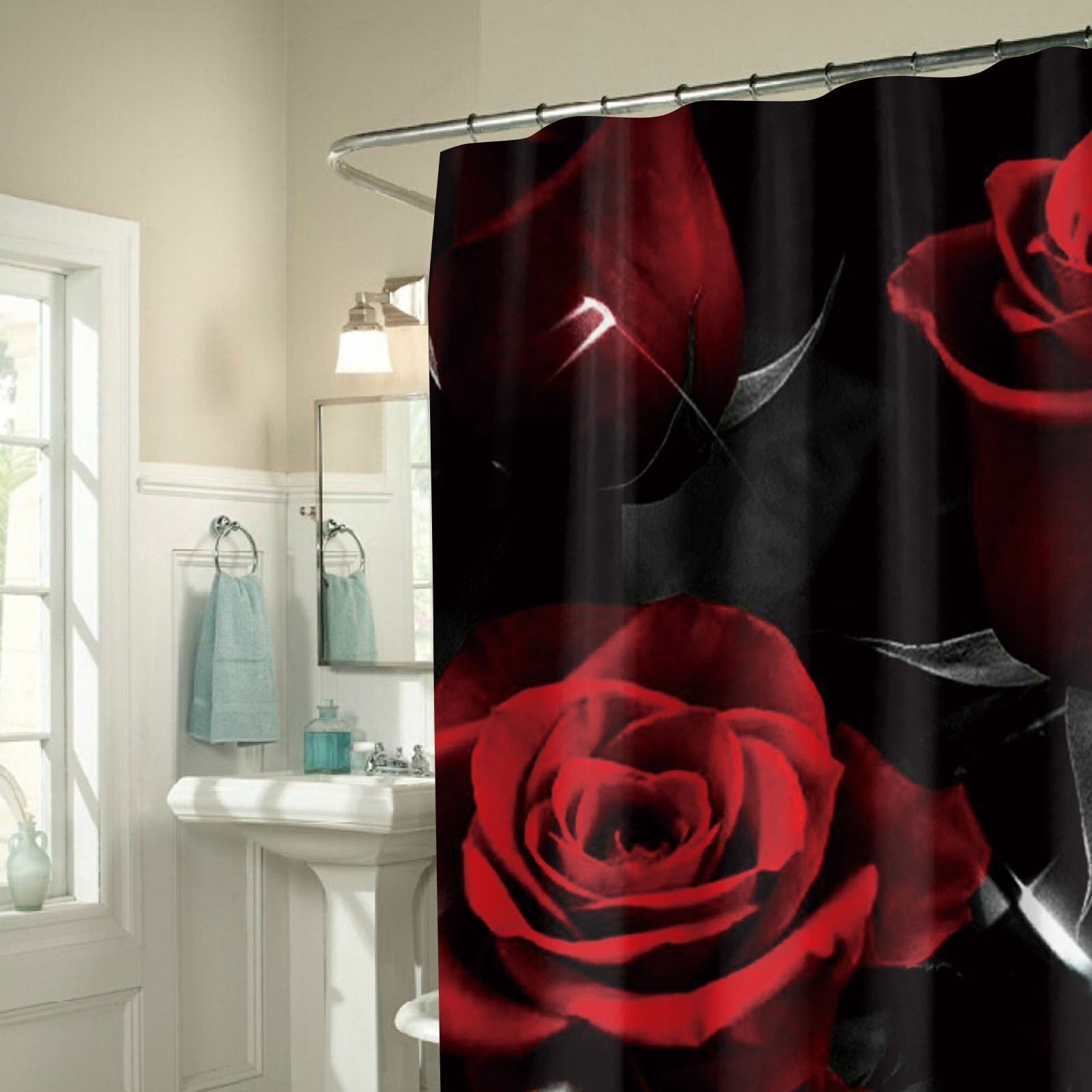 Red Textured Floral Roses Deluxe Fabric Shower Curtain Set 70x70 Inch + Hooks Waterproof - Home Decor Gifts and More