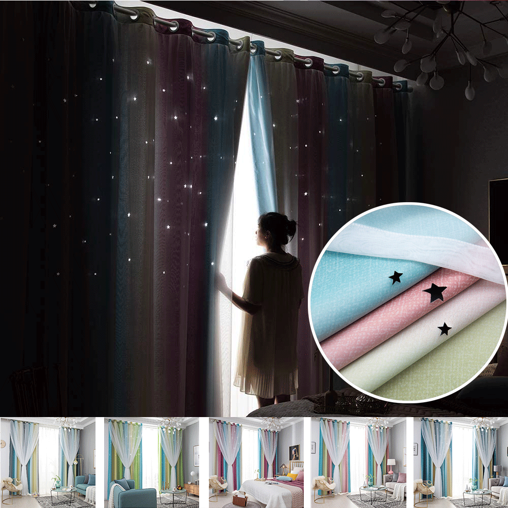 Window Curtains Double-Layer Yarn Tulle cortina Overlay Hollow-Out Stars Curtains Drapes Fairy Living Room Bedroom Curtains D20 | Decor Gifts and More