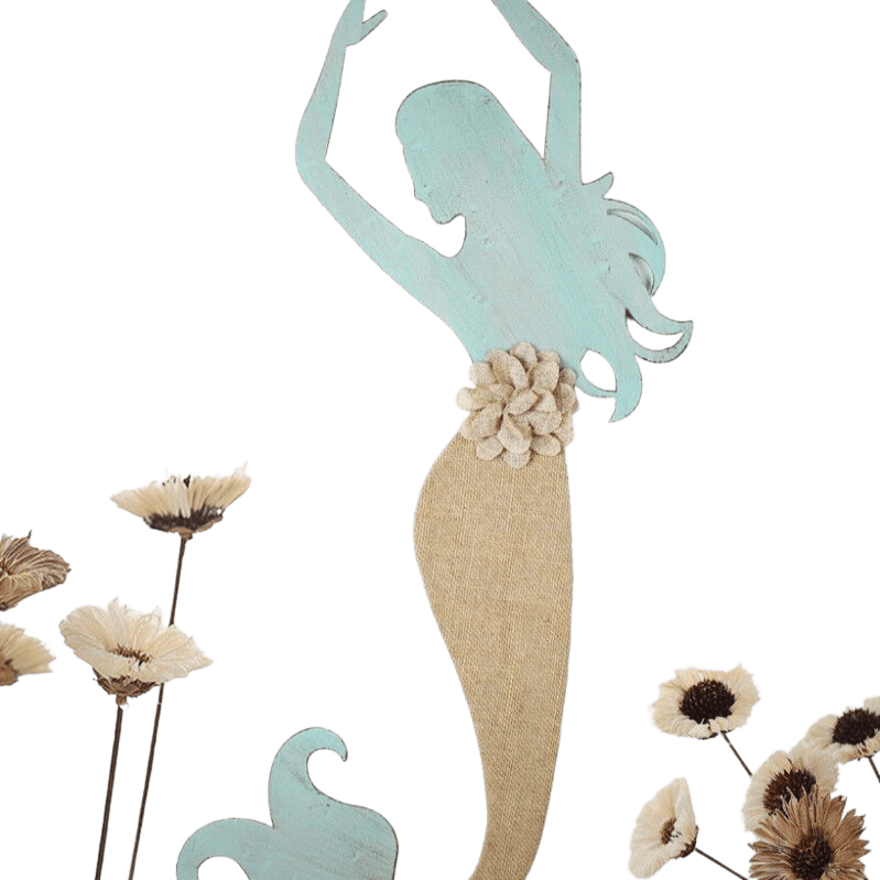 Large Mermaid Wall Art Sculpture ~ Distressed Blue Metal & Burlap Nautical Decor - Home Decor Gifts and More