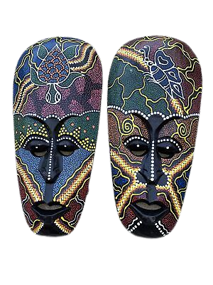 2 aboriginal￼ masks wood wall art home decor tiki tropical patio hanging