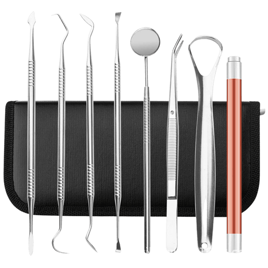 Dental Tools, 8 Pack Teeth Cleaning Tools Professional Stainless Steel Dental Tools with Mouth Mirror, Tweezer, Tongue Scraper, Oral Flashlight, Tartar Scraper for Personal or Pet Oral Care - Home Decor Gifts and More