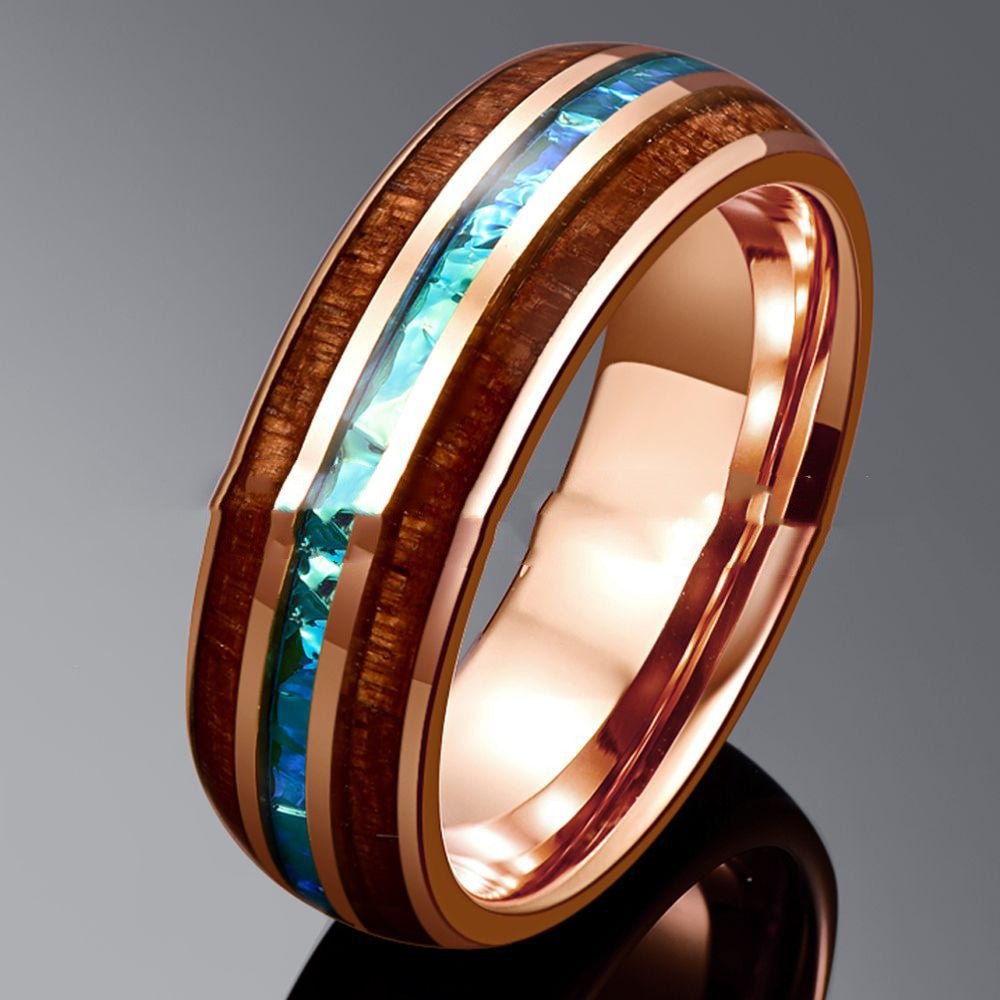 Rose Gold Inlaid Acacia Wood Opal Dome Tungsten Steel Ring | Decor Gifts and More