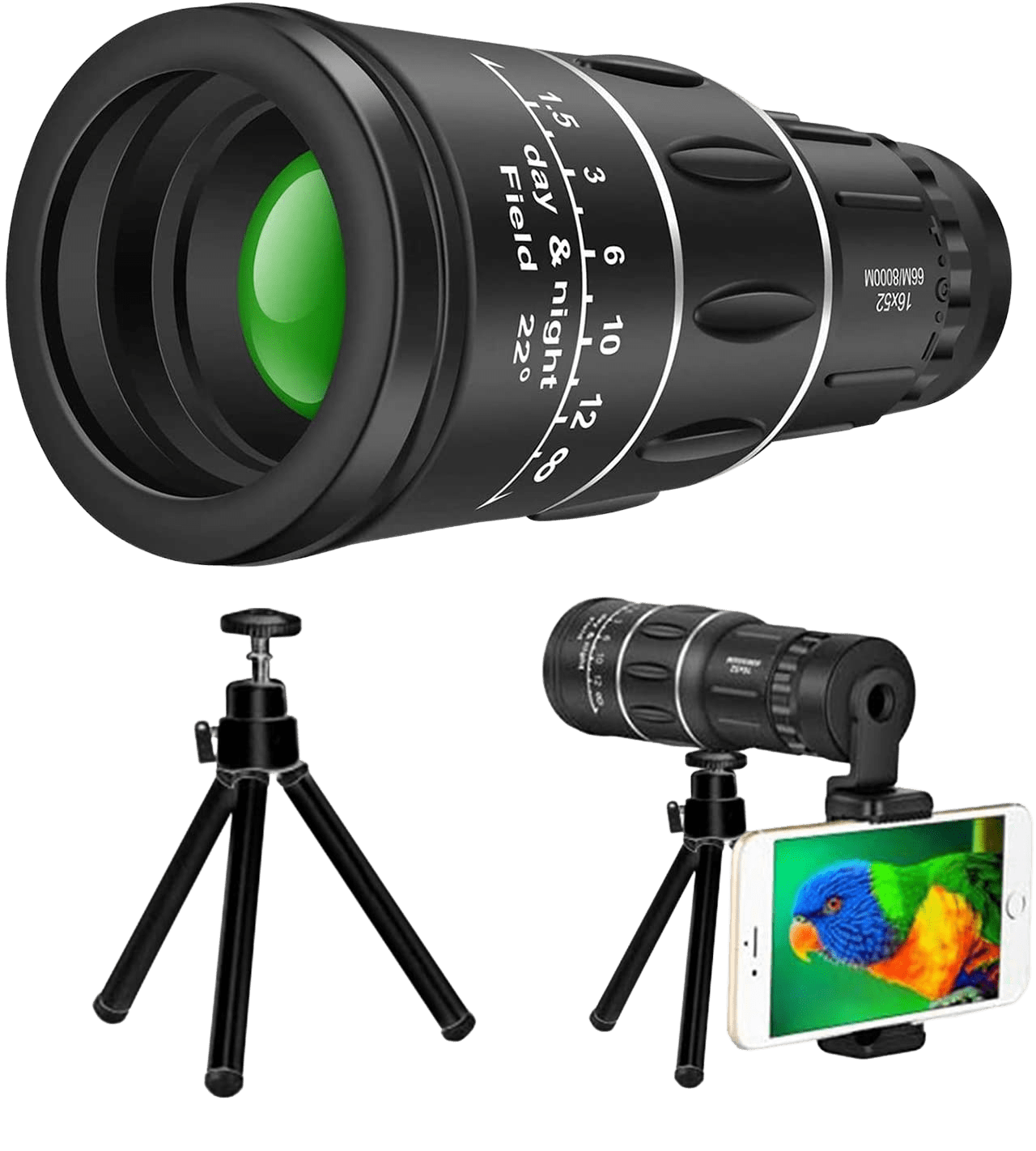 Monocular Telescope,16X52 HD Monocular with Holder &amp;Tripod for Smartphone,Clear BAK4 Prism Lens Dual Focus Optics for Hiking, Hunting, Camping, Bird Watching - Home Decor Gifts and More