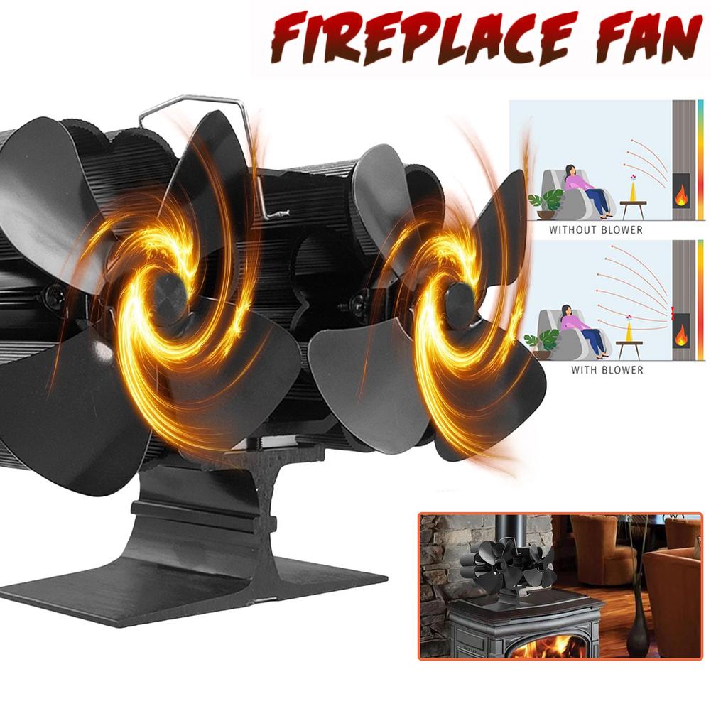 8 Leaf Double Head Fireplace Heat Power Fan | Decor Gifts and More