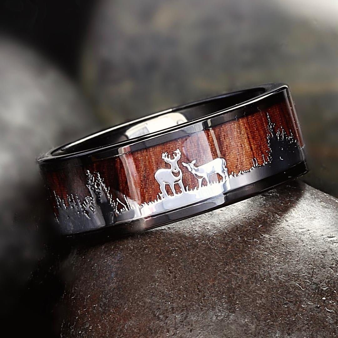 Personalized Wood Grain Silhouette Ring Stainless Steel Men's Ring | Decor Gifts and More