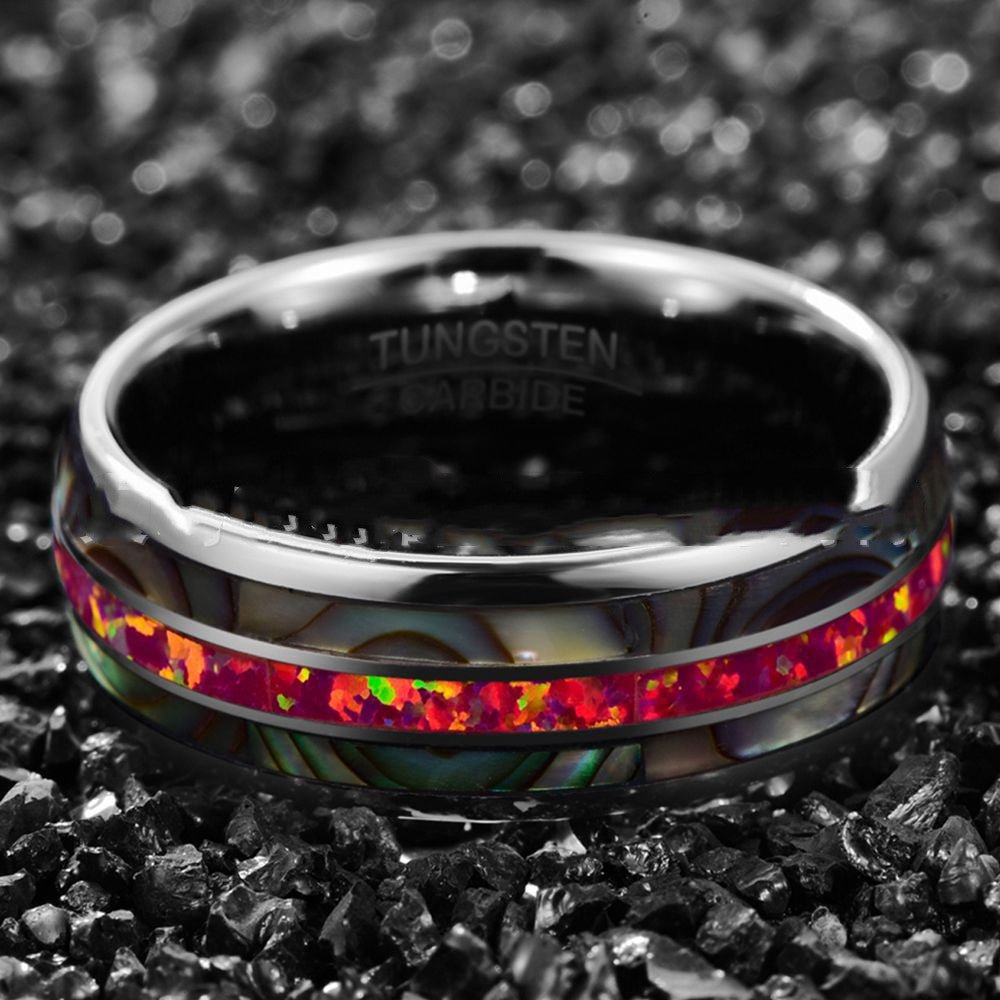 Wide Dome Abalone Shell Deep Magenta Opal Tungsten Ring | Decor Gifts and More