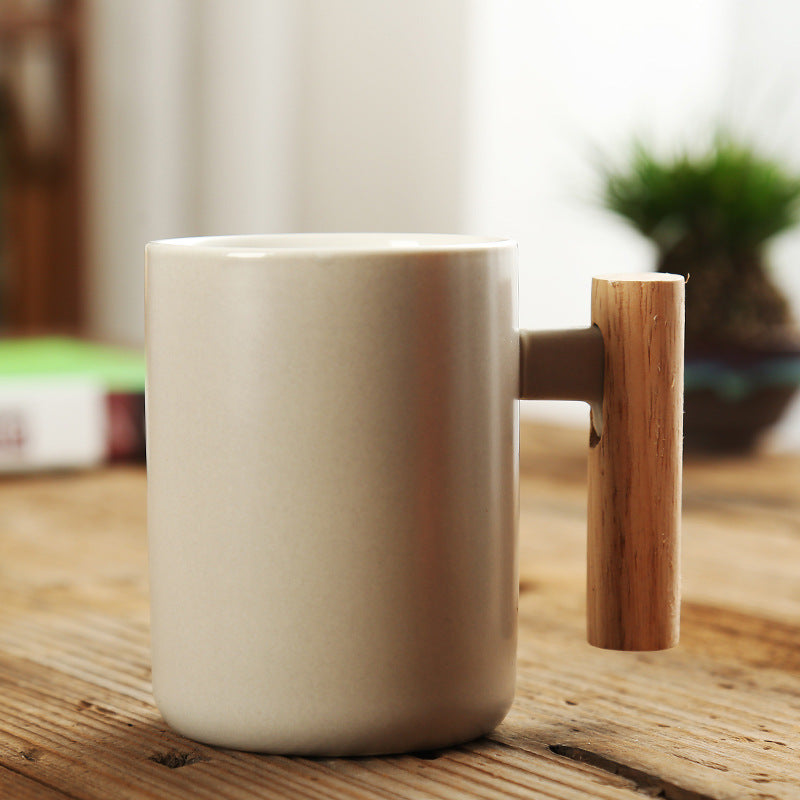 Simple Straight Ceramic Mug With Wooden Handle | Decor Gifts and More