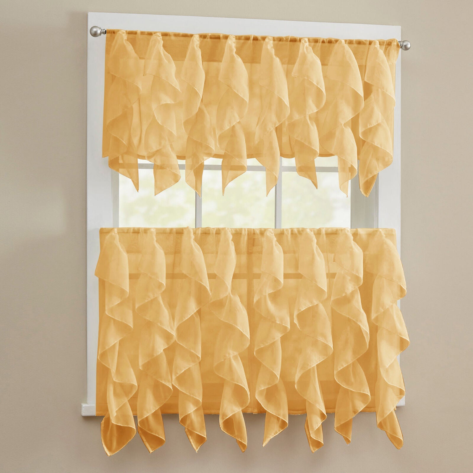 Camel Sheer Voile Vertical Ruffle Window Kitchen Curtain Tiers or Valance | Decor Gifts and More