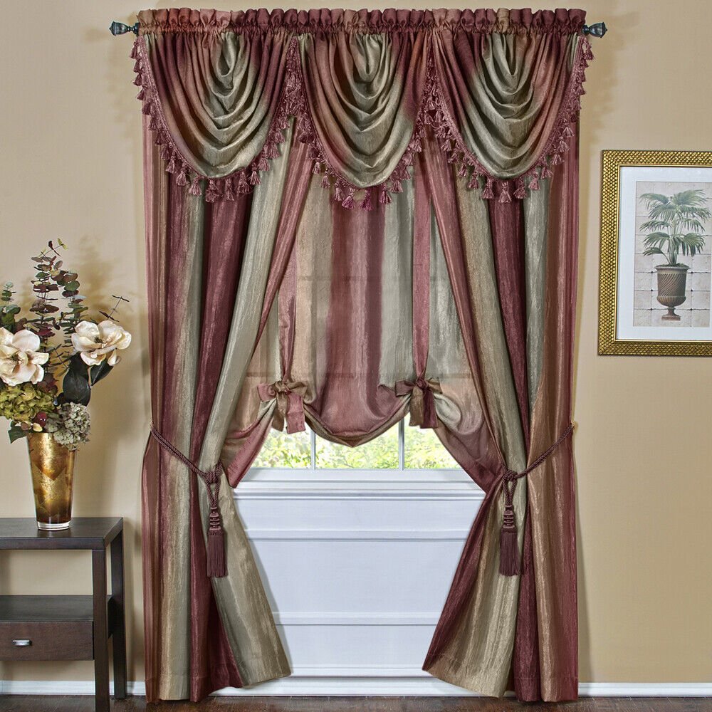 Burgundy Striped Modern Semi-Sheer Light Filtering Window Curtain Drape Set | Decor Gifts and More