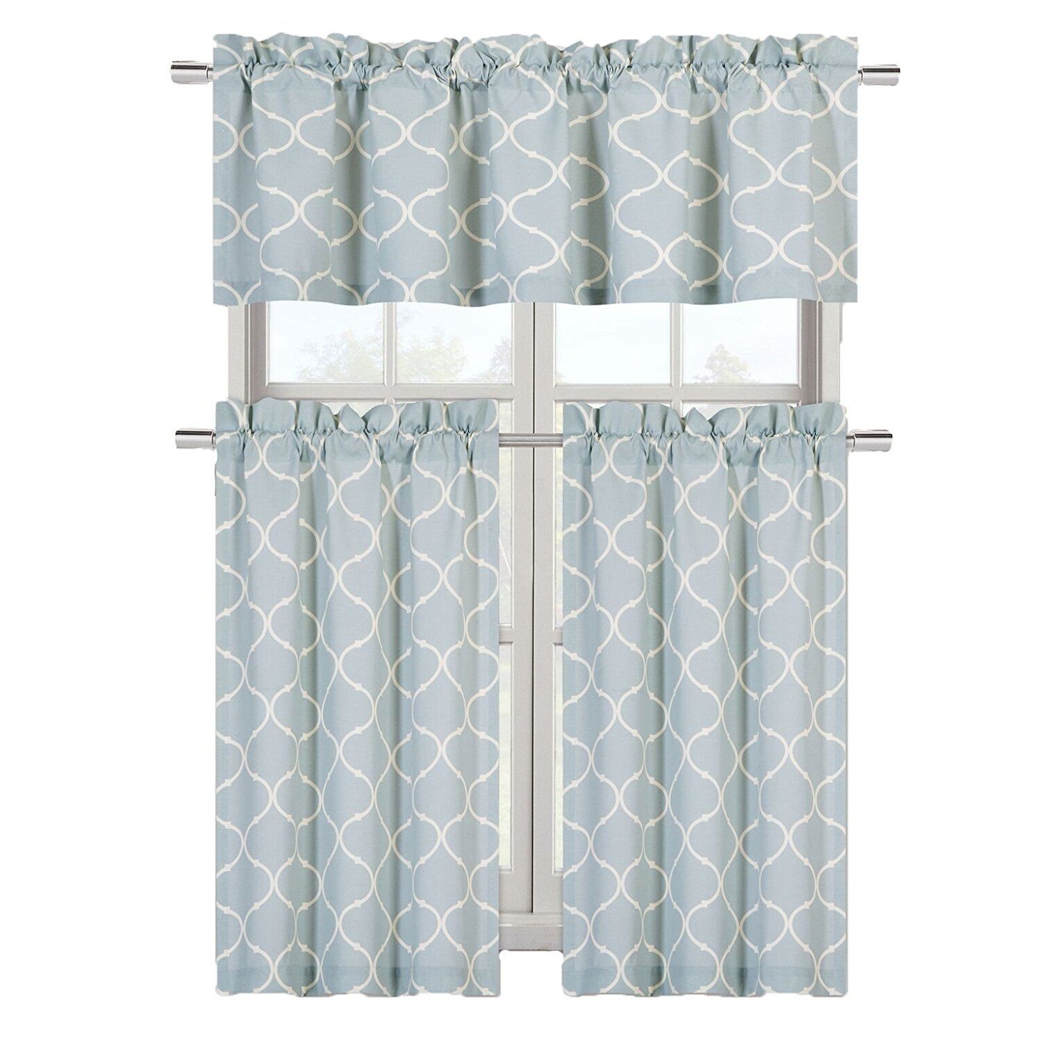 Luxurious Blue Geometric Shabby 3 Piece Kitchen Curtain Tier & Valance Set | Decor Gifts and More